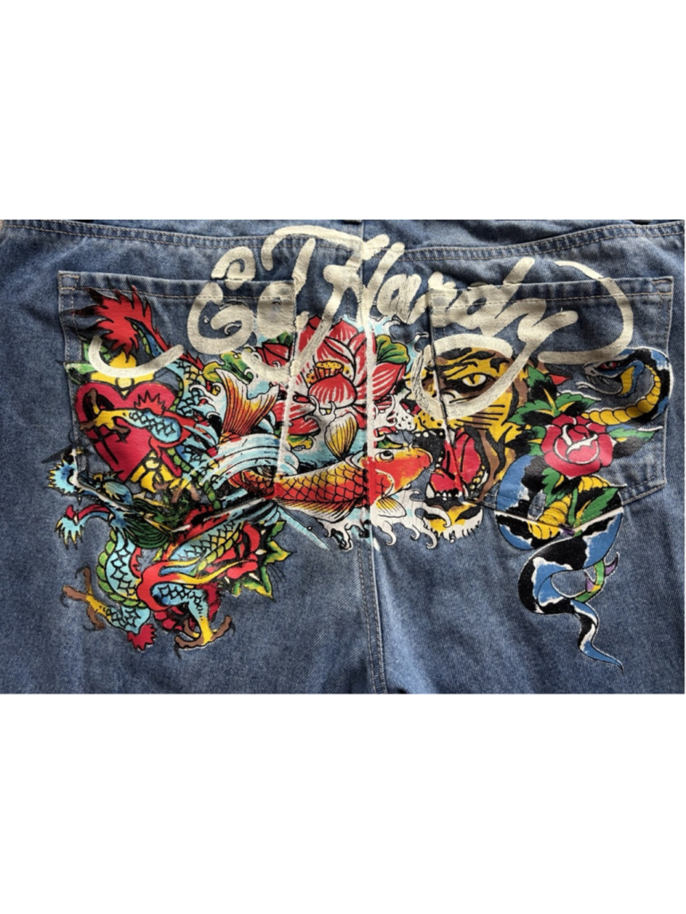 Vintage Y2K Ed Hardy Jeans Multi Tattoo Graphic Size 34 Dragon Koi Snake